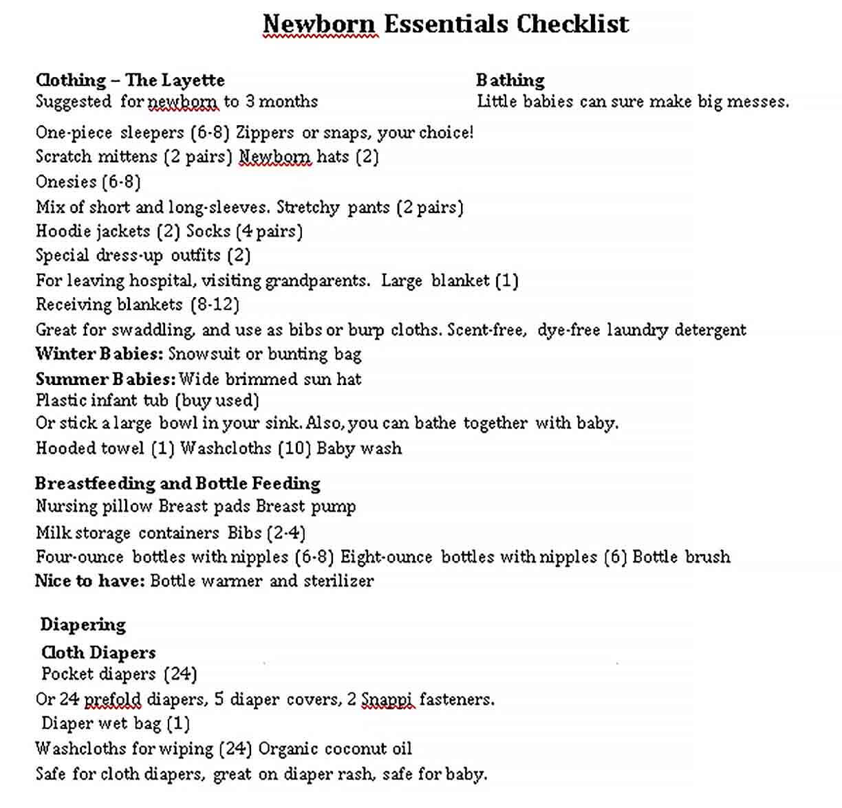 Sample New Baby Essentials Checklist