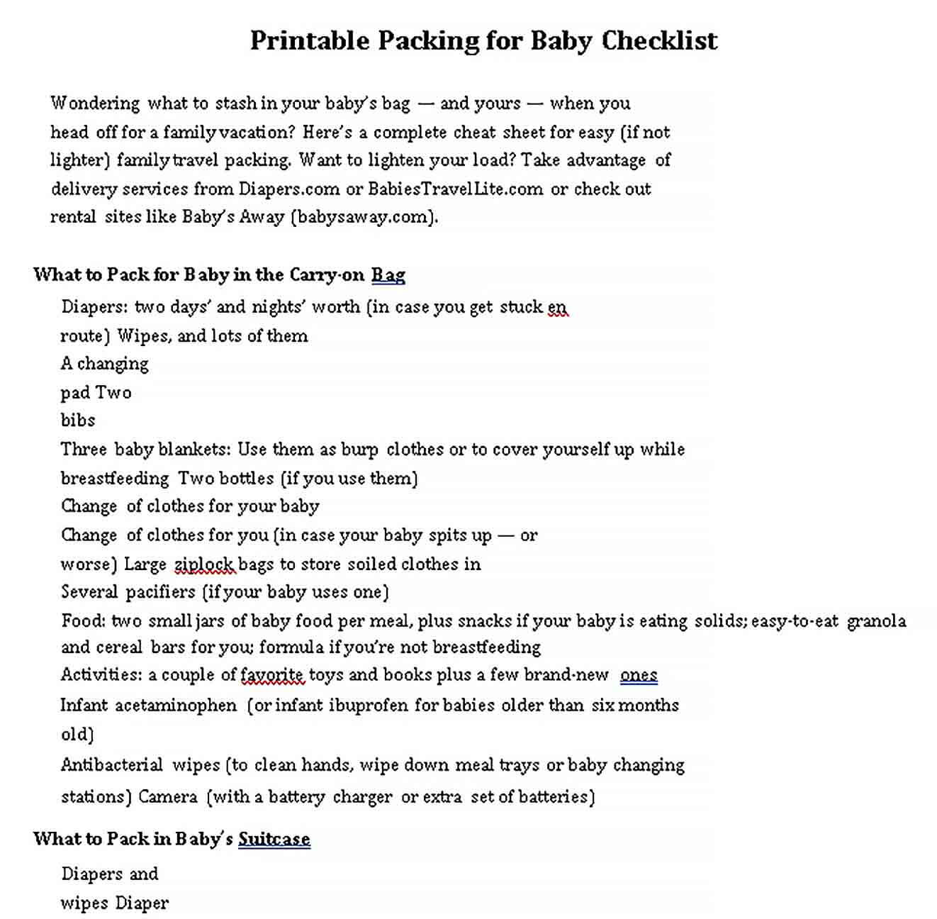 Sample New Baby Packing Checklist
