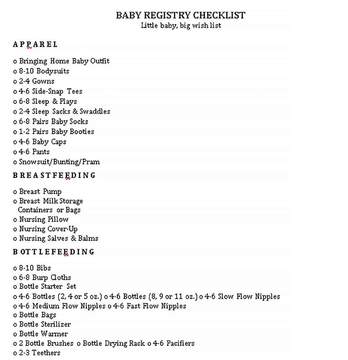 Sample New Baby Registry Checklist
