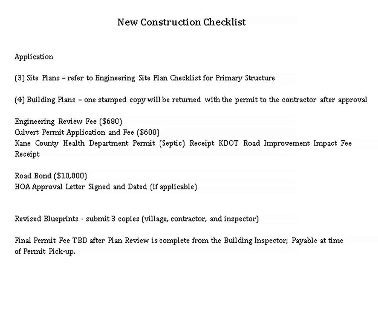 Sample New Construction Checklist Template