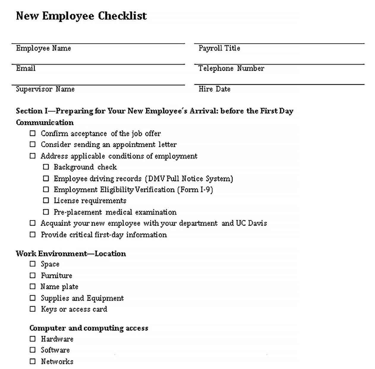Sample New Employee Checklist