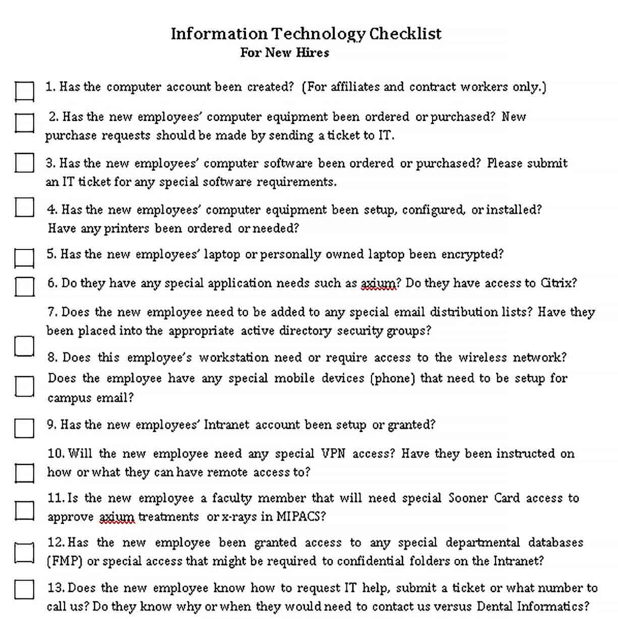 Sample New Employee Computer Checklist Template