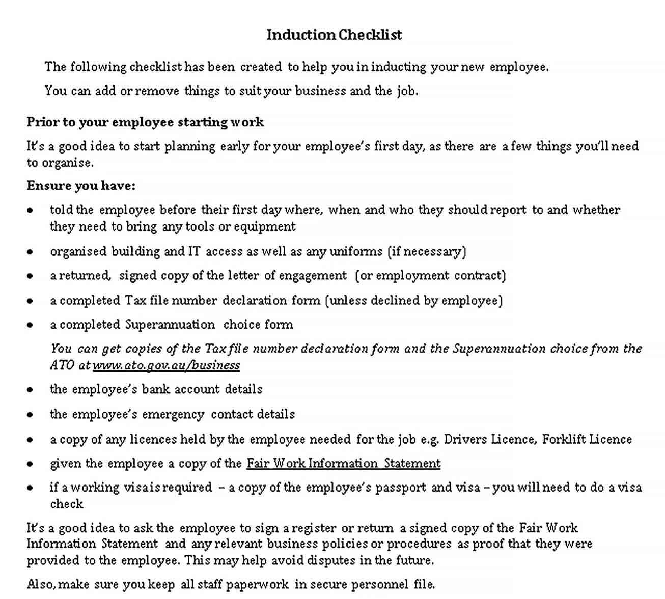 Sample New Employee Induction Checklist Template