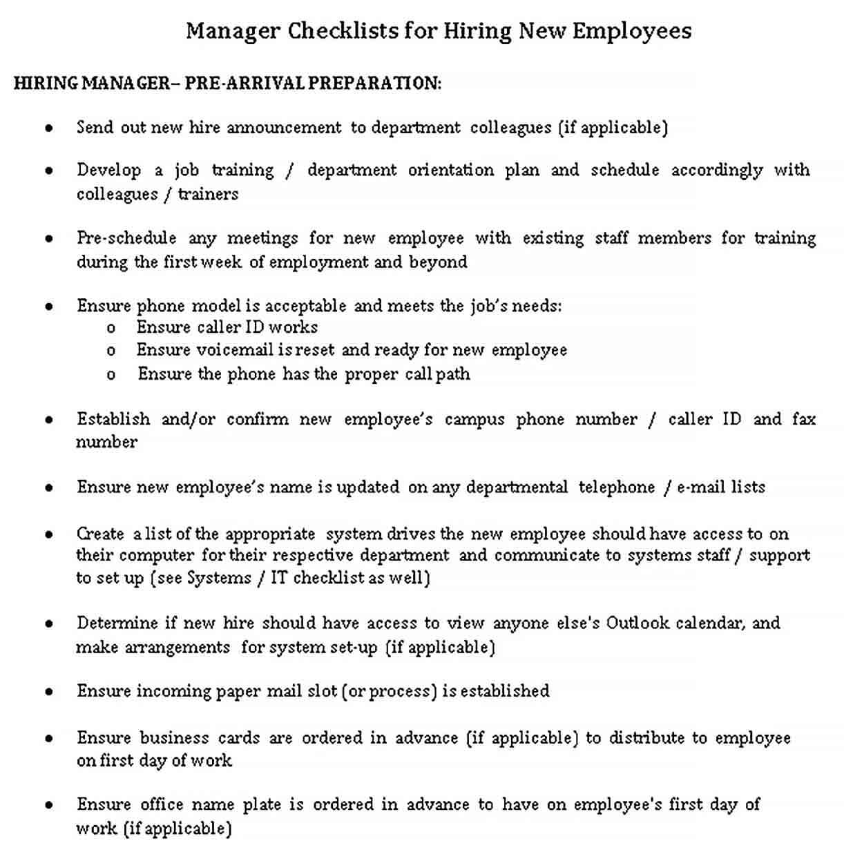 Sample New Employee Manager Checklist Template