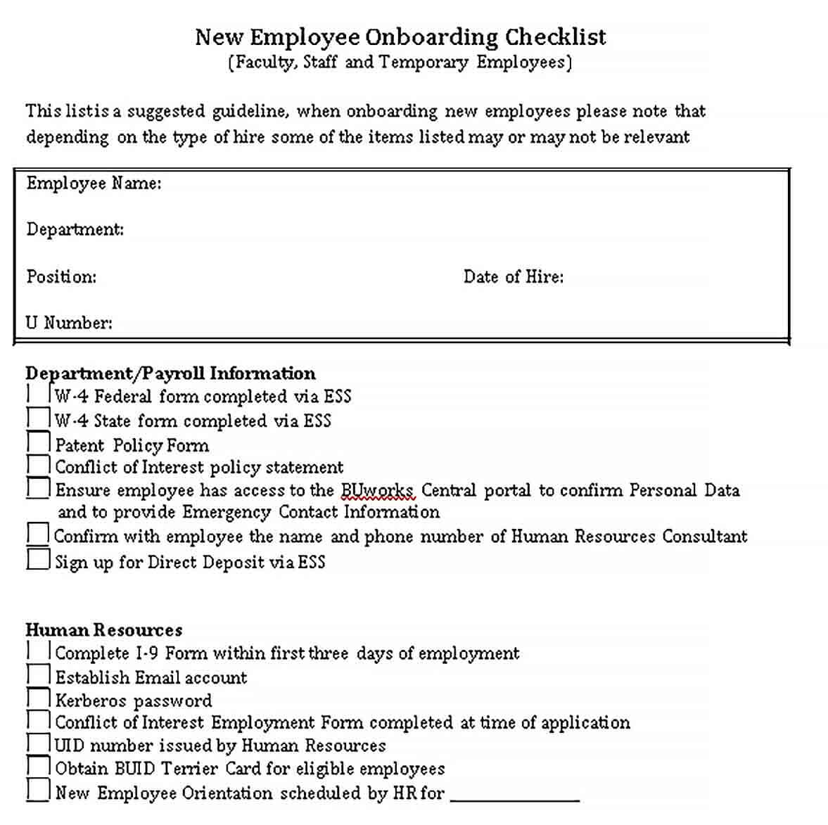 Sample New Employee Onboarding Checklist Template