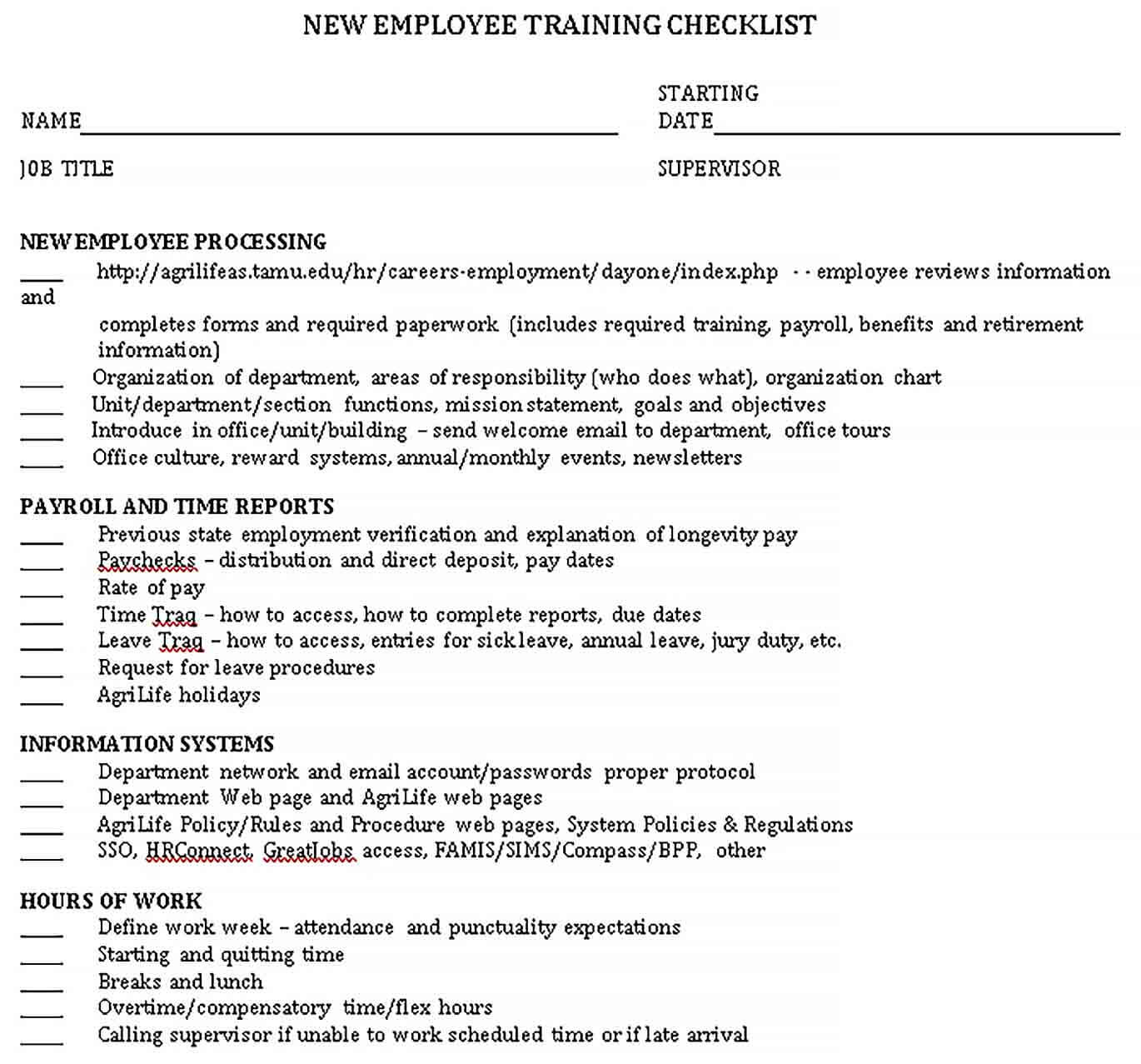 Sample New Employee Training Checklist Template