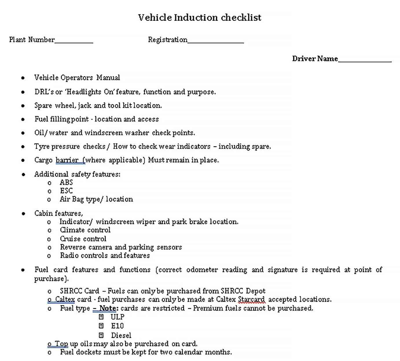 Sample New Vehicle Checklist Template