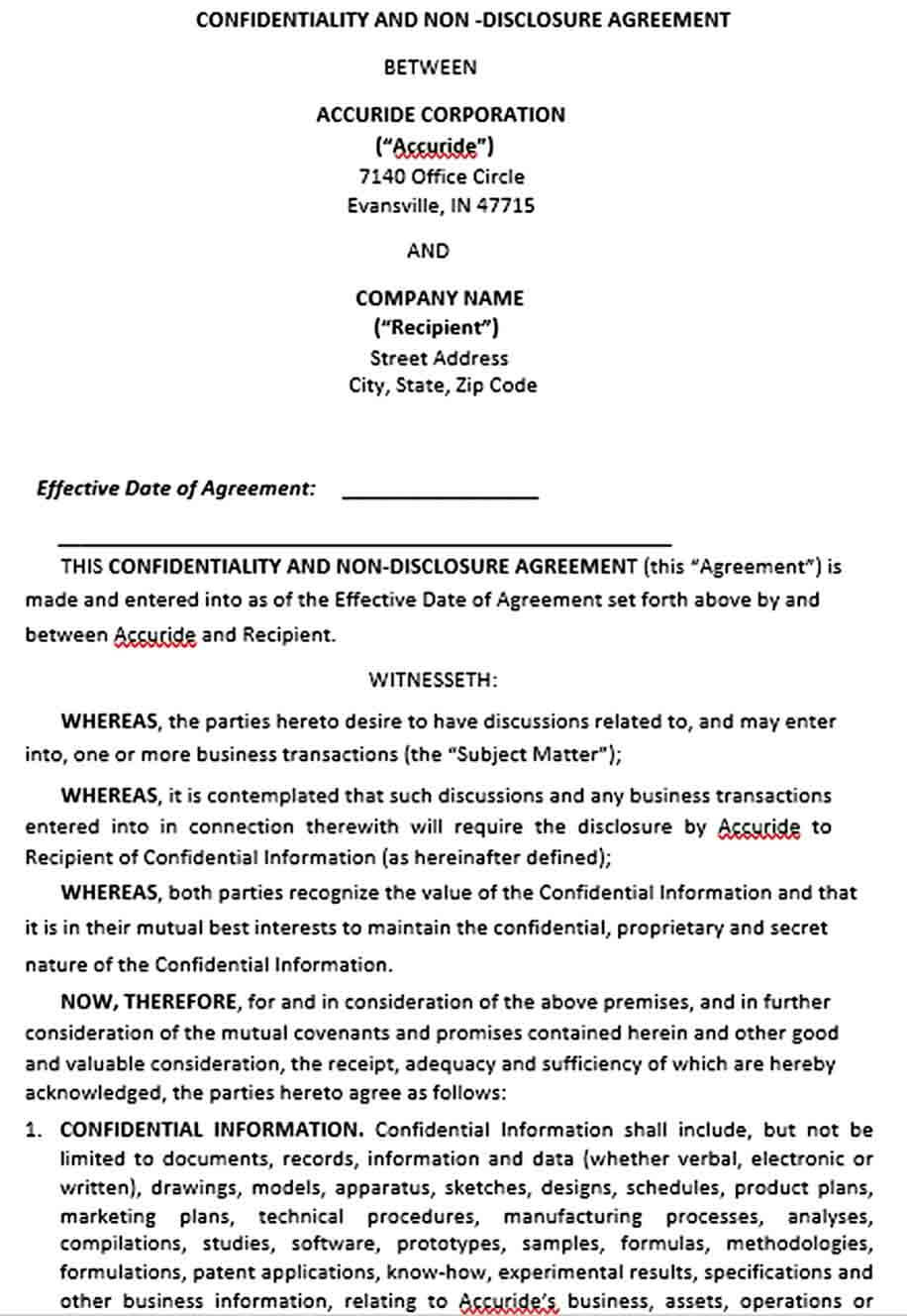 Sample Non Disclosure Confidentiality Agreement Form