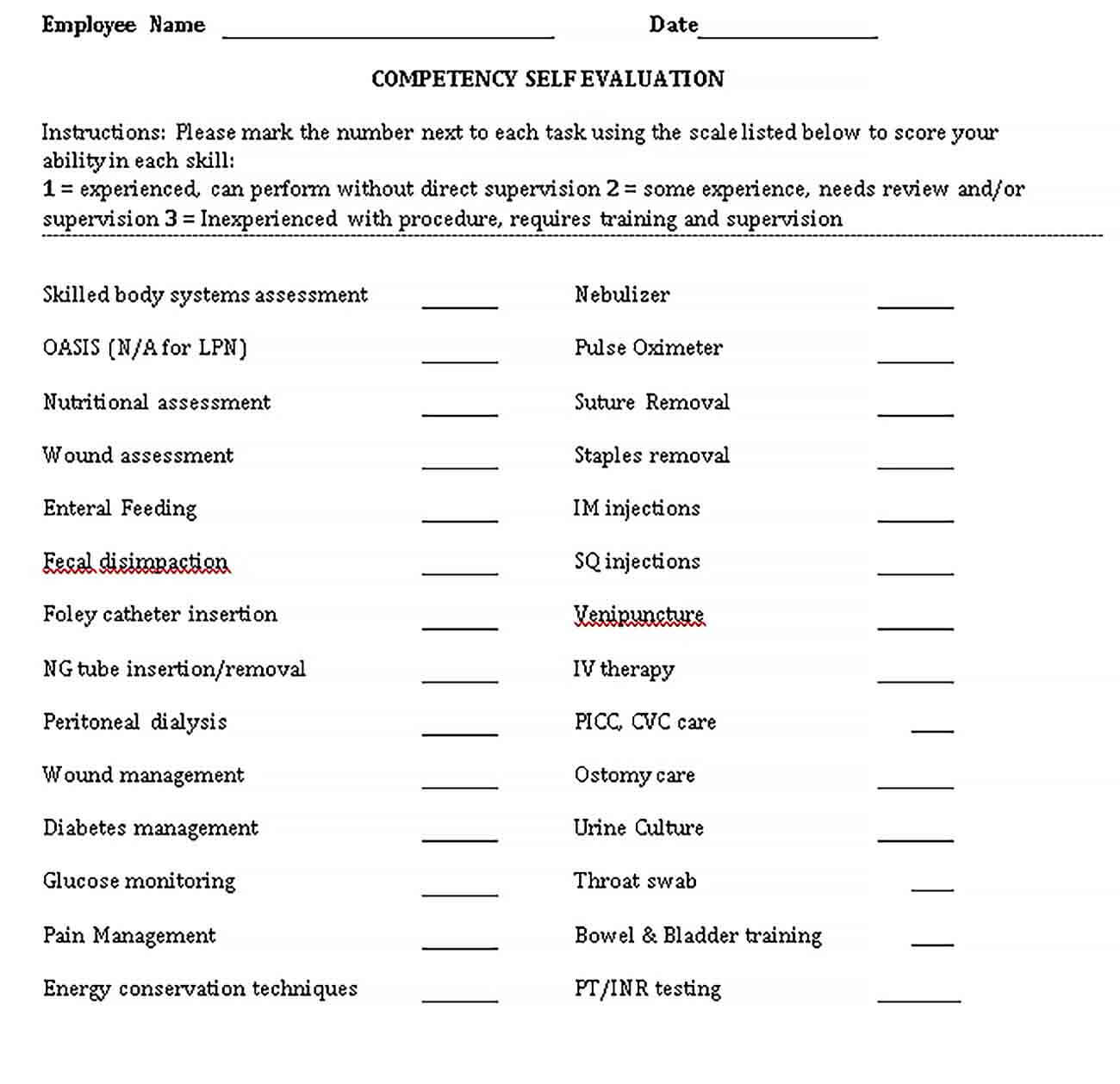 Sample Nurse Compentency Checklist