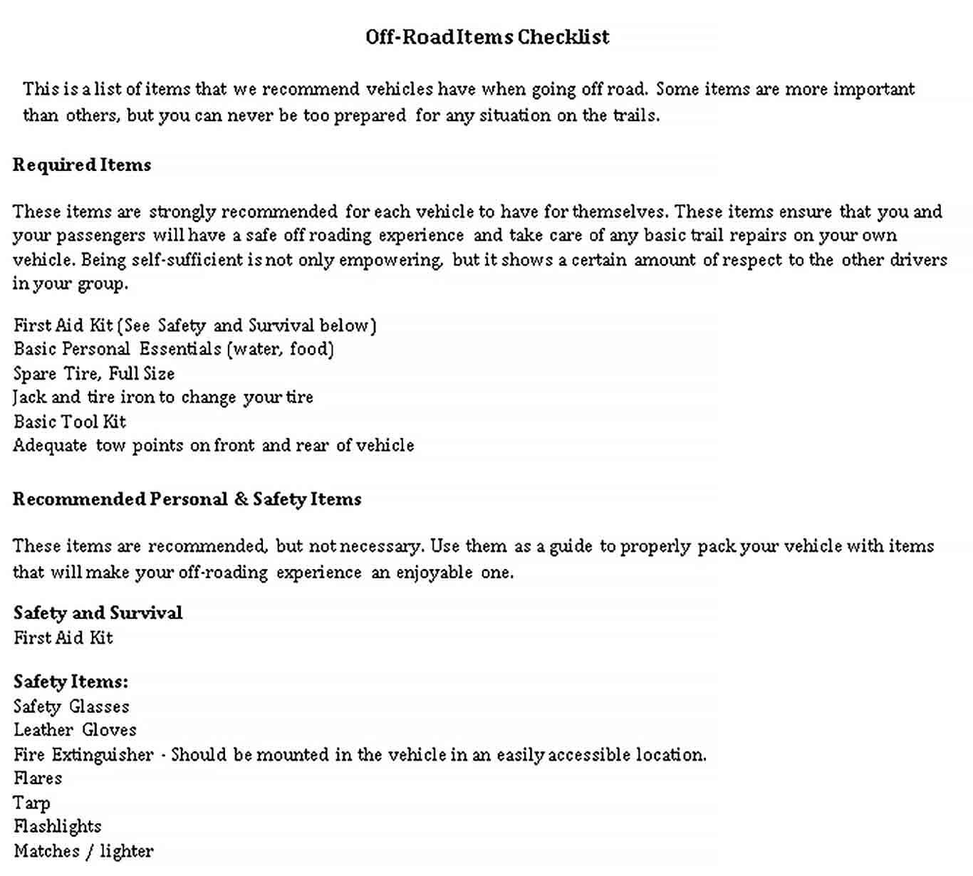 Sample Off Road Items Checklist Template