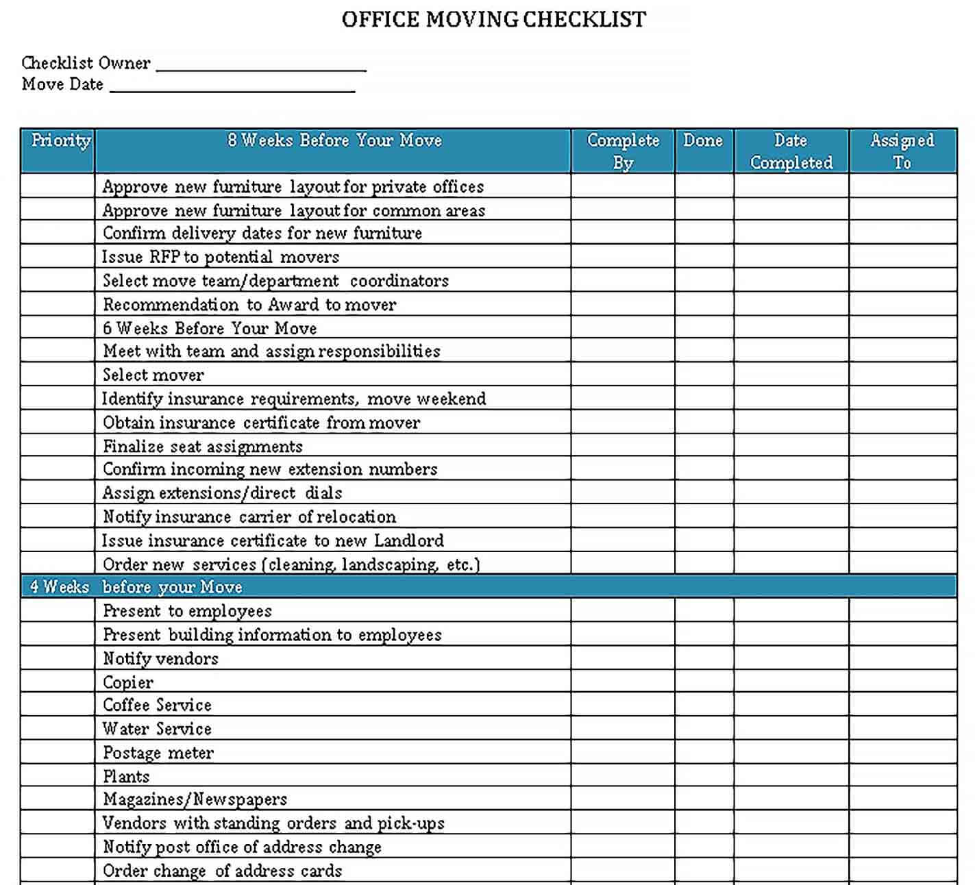 Sample Office Moving Checklist Template