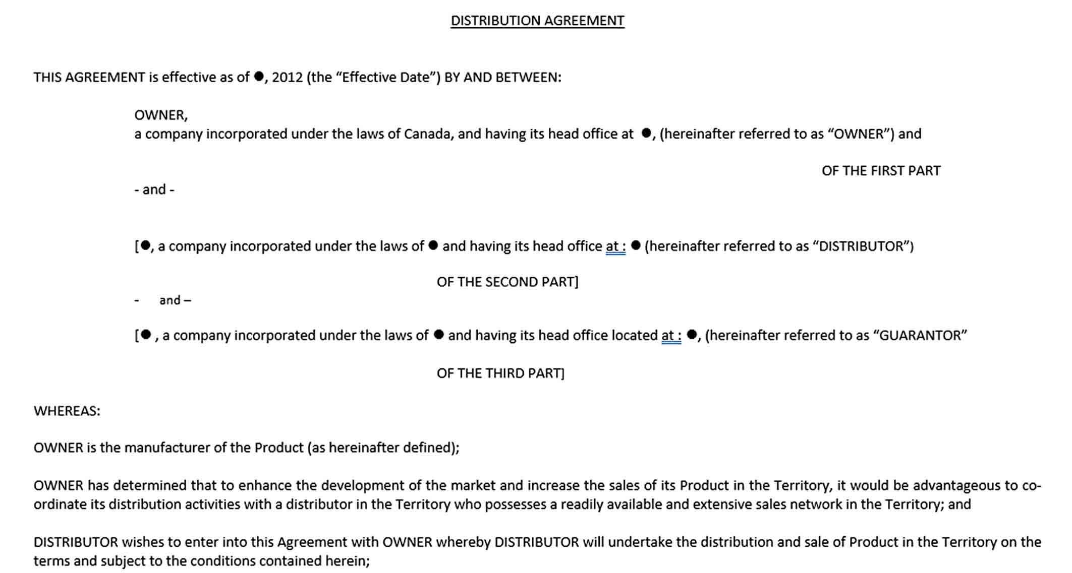Sample Owner Distributution Agreement Template