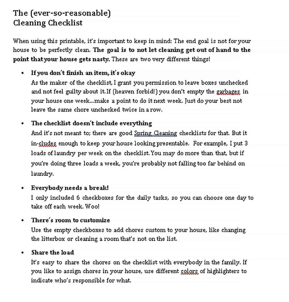 Sample PDF Format of Cleaning Checklist