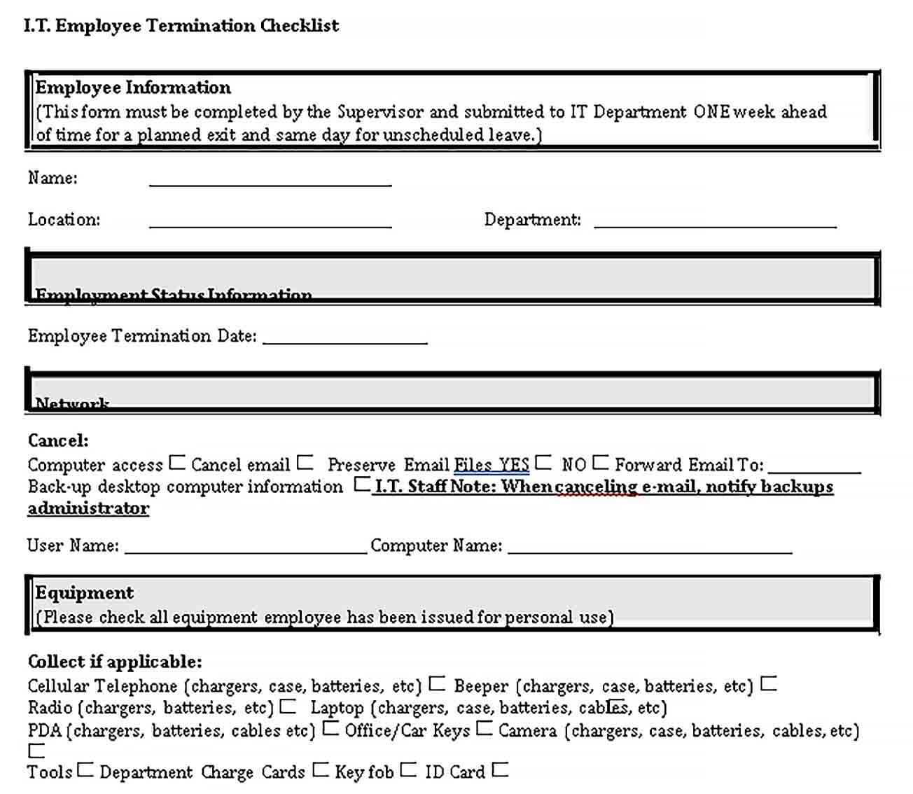 Sample PDF Format of Employee Termination Checklist Template