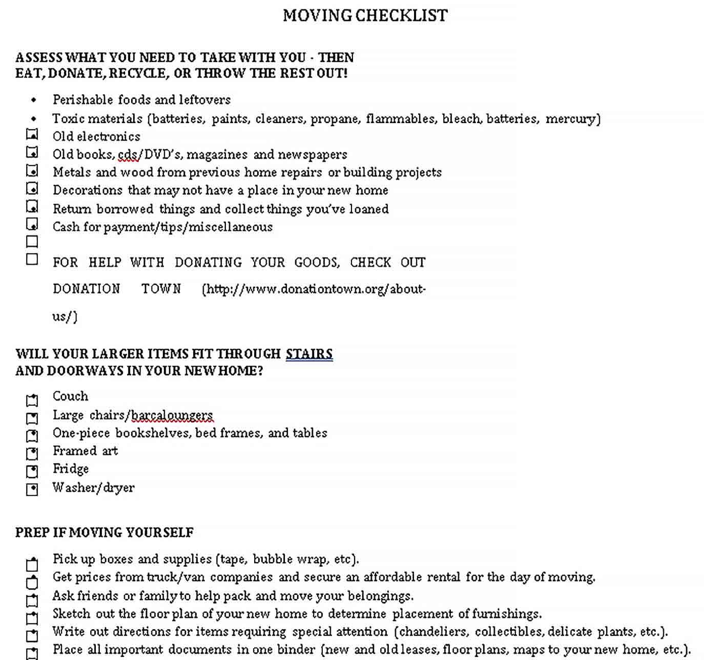 Sample PDF Format of Moving Checklist Template