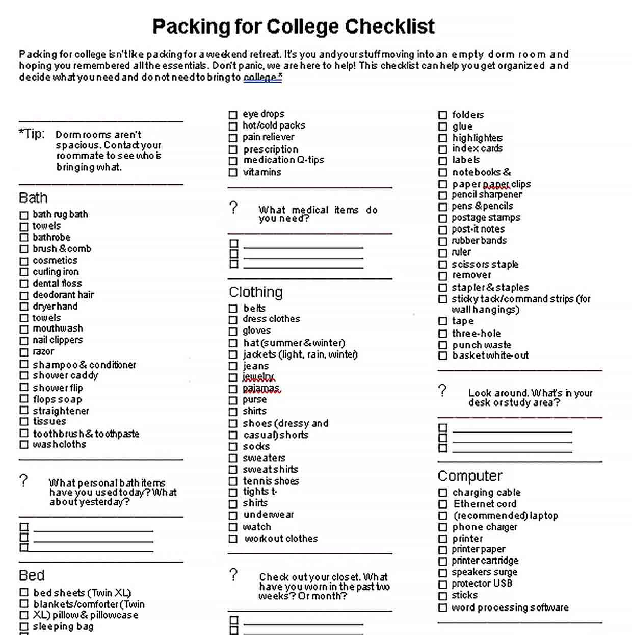 Sample Packing For College Checklist 2