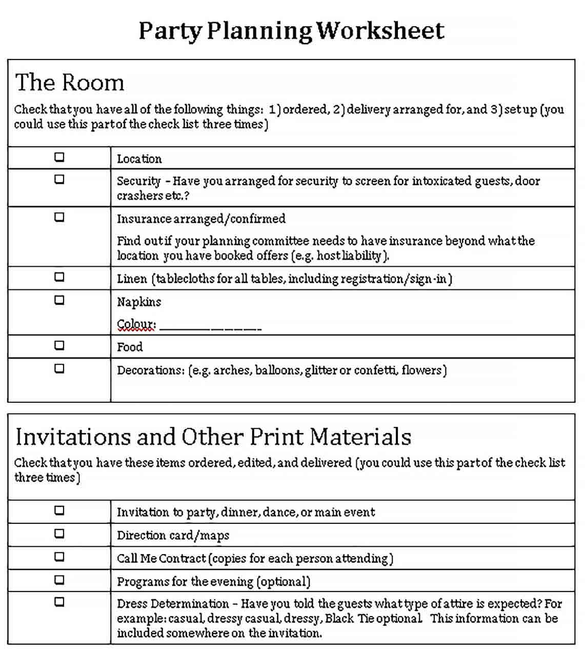 Sample Party Planning Checklist Template