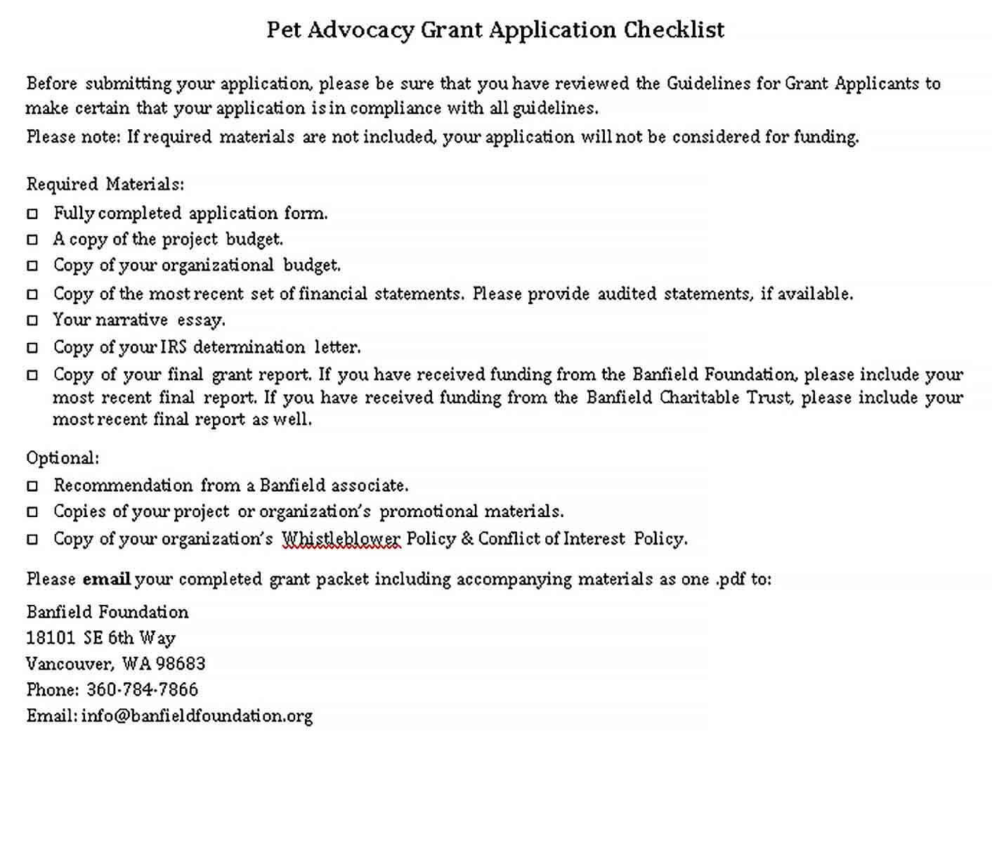 Sample Pet Advocacy Grant Checklist Template