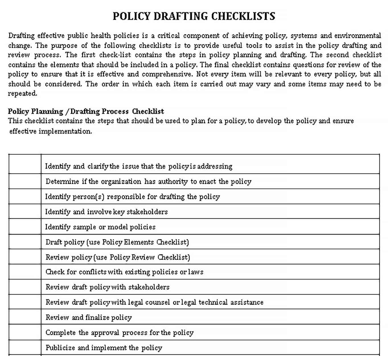 Sample Policy Drafting Checklist