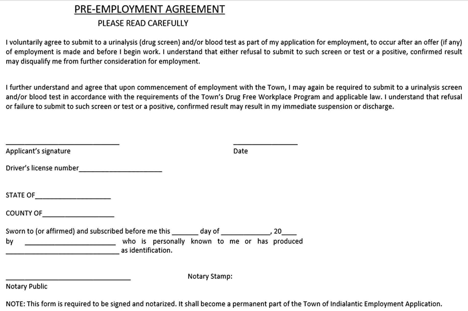 Sample Pre Employment Agreement