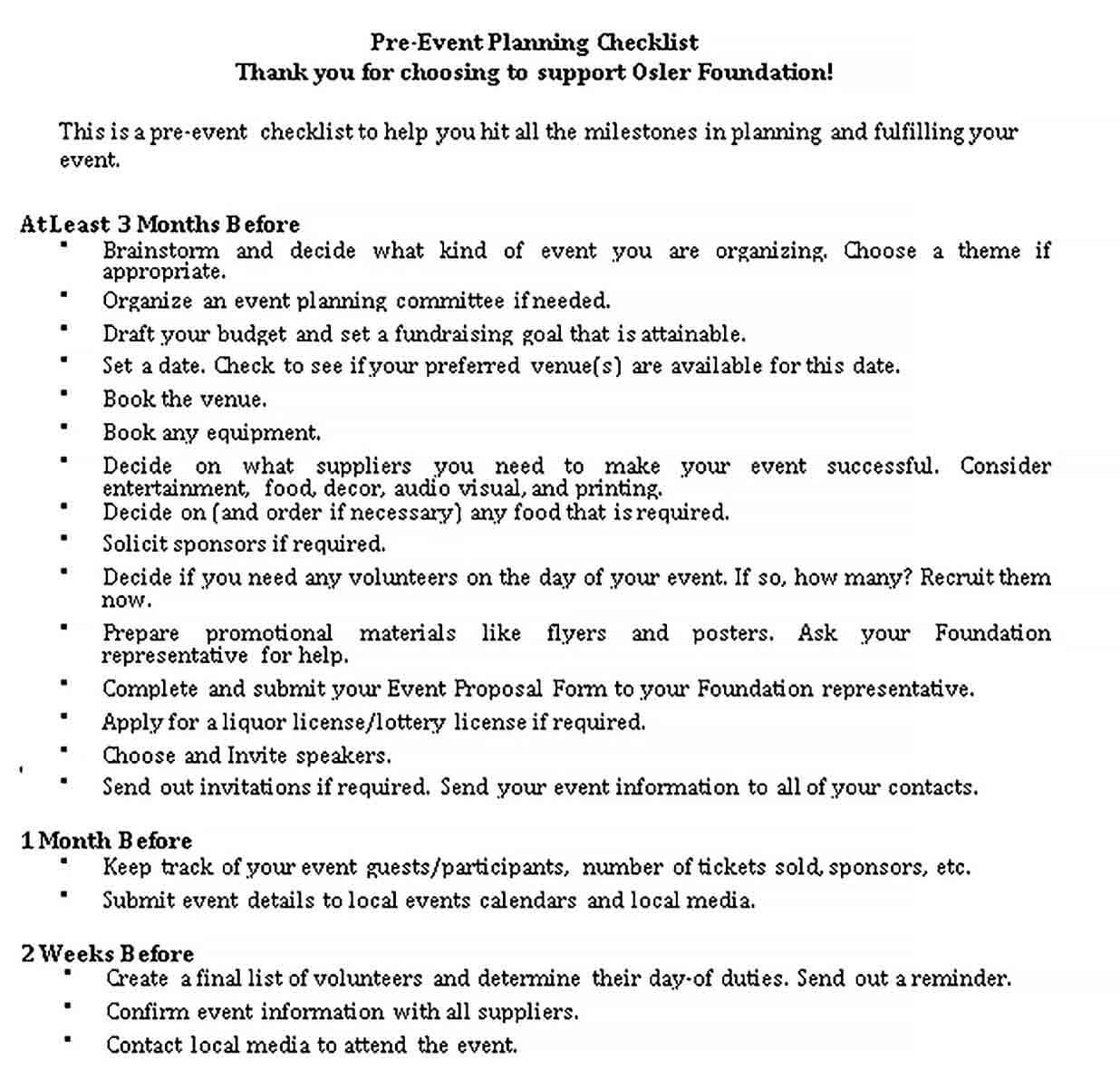 Sample Pre Event Planning Checklist in PDF