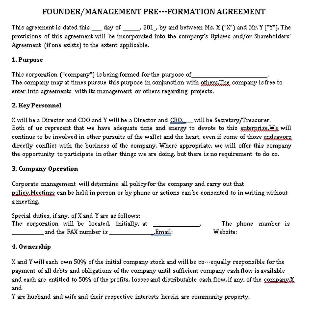 Sample Pre Formation Agreement
