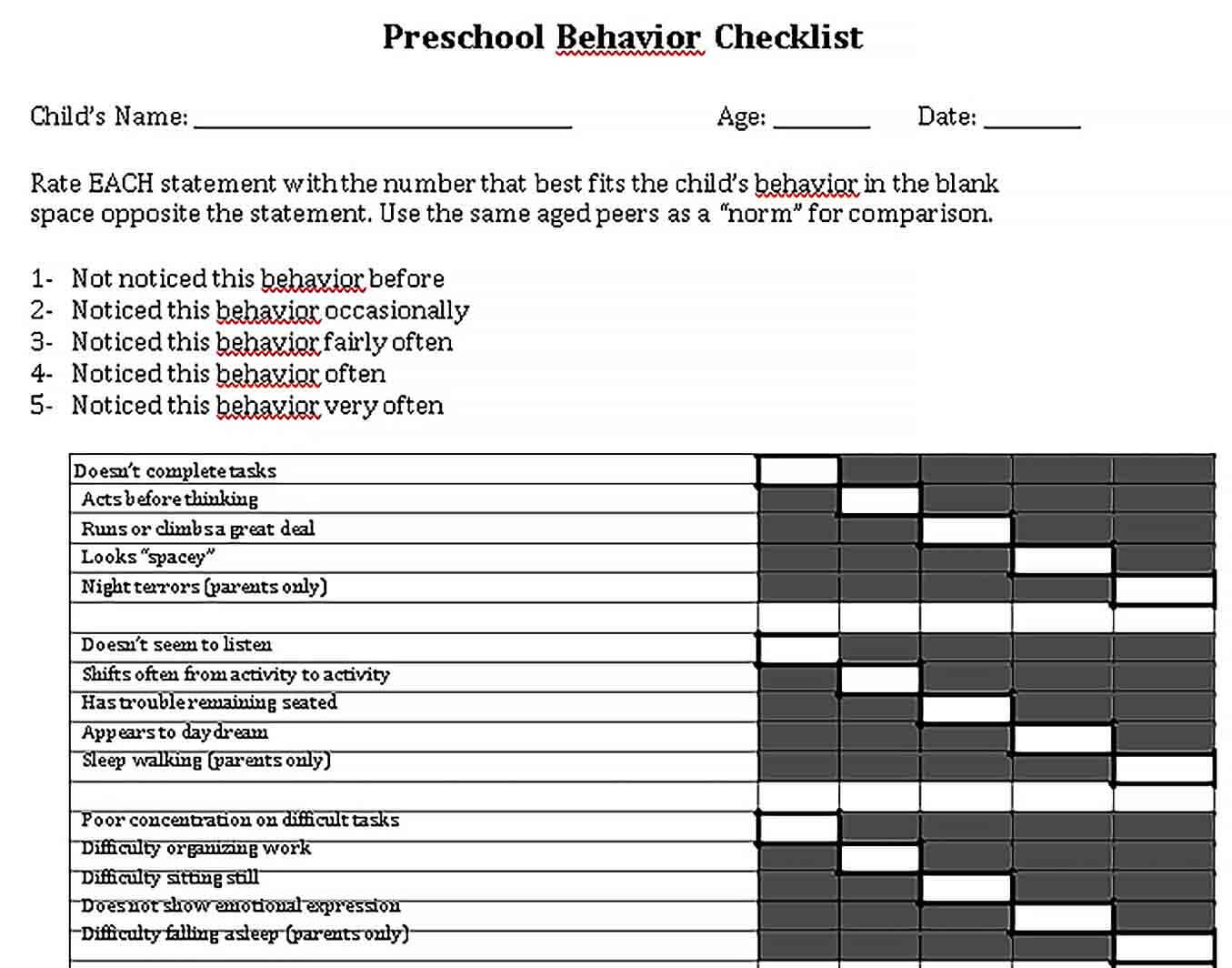 Sample Preschool Behavior Checklist
