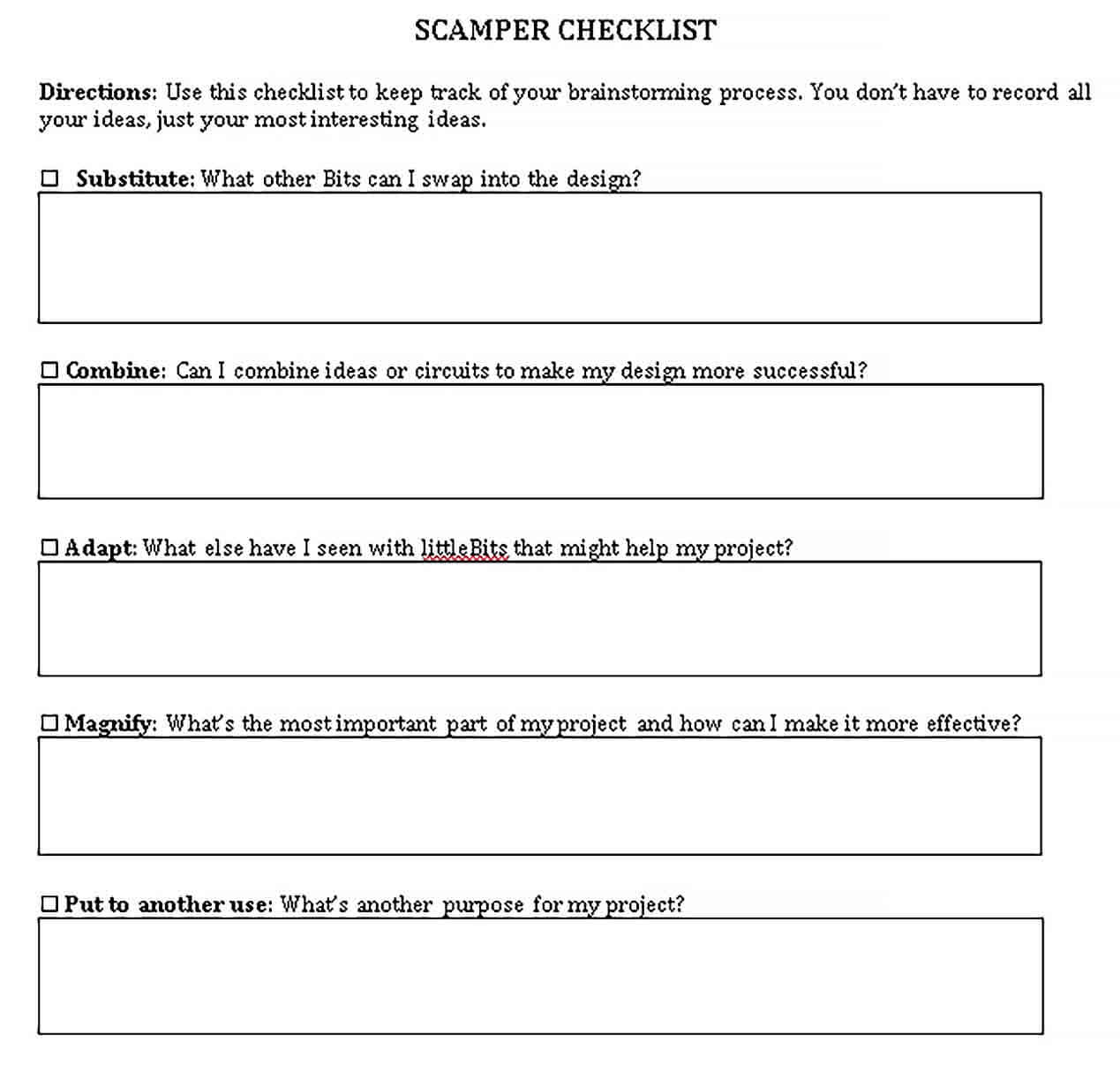 Sample Printable Brainstorming Checklist Template