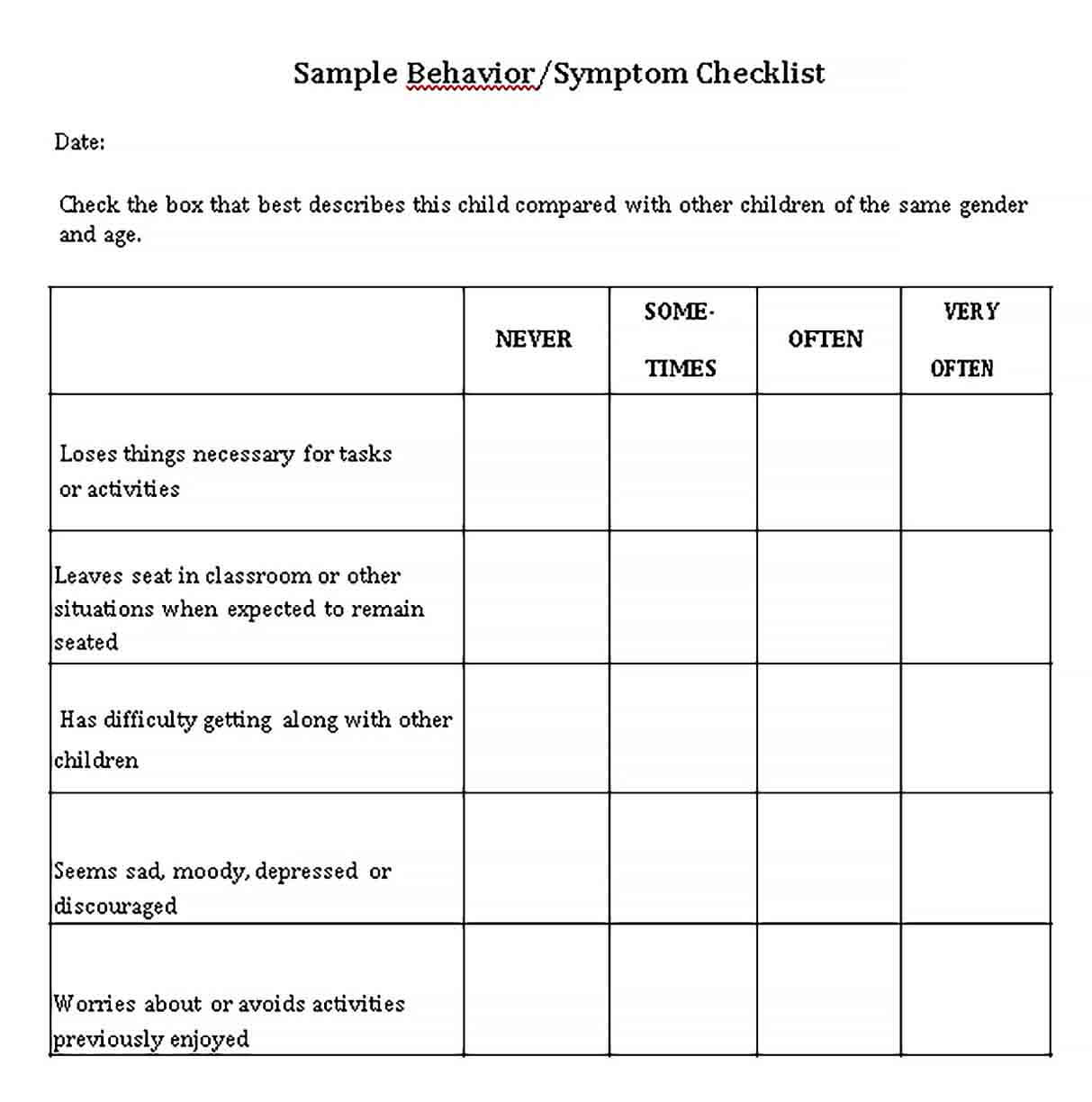 Sample Printable Child Behavior Checklist