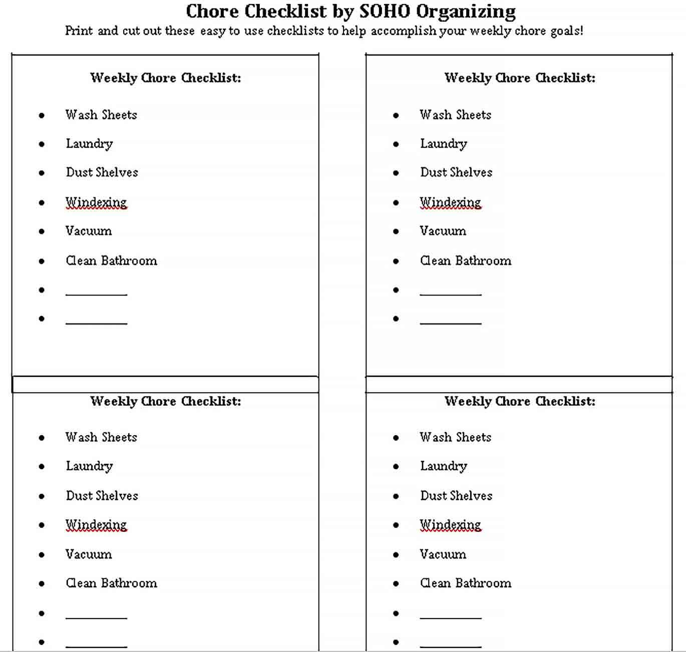 Sample Printable Chore Checklist Template