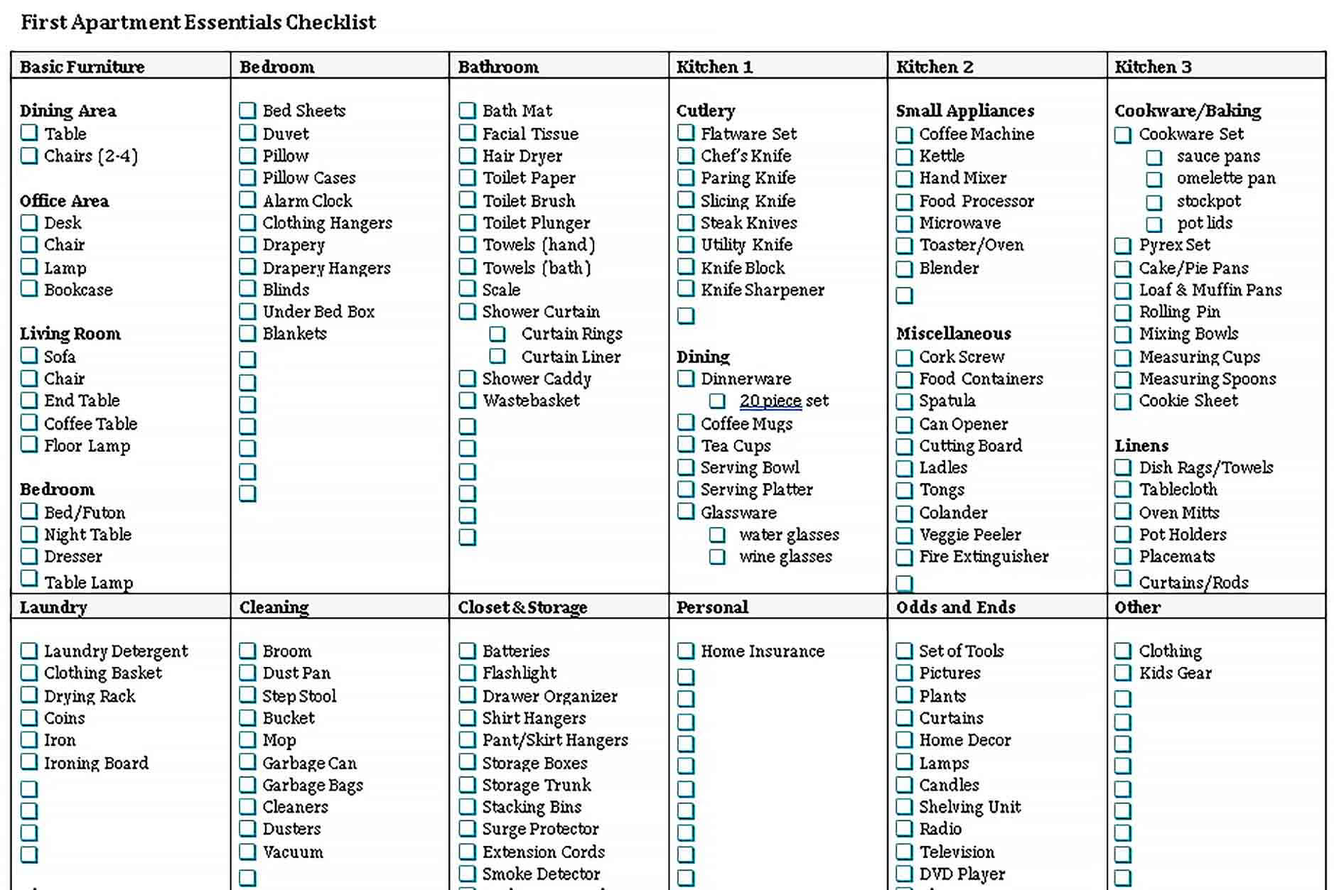 Sample Printable First Apartment Essentials Checklist