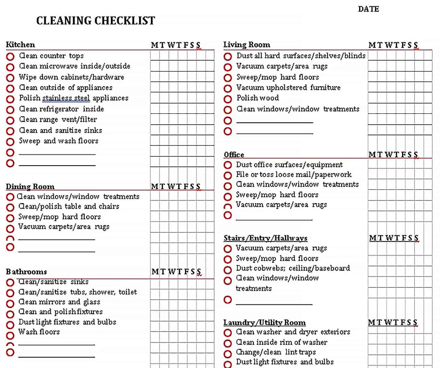Sample Printable House Cleaning Checklist PDF Format