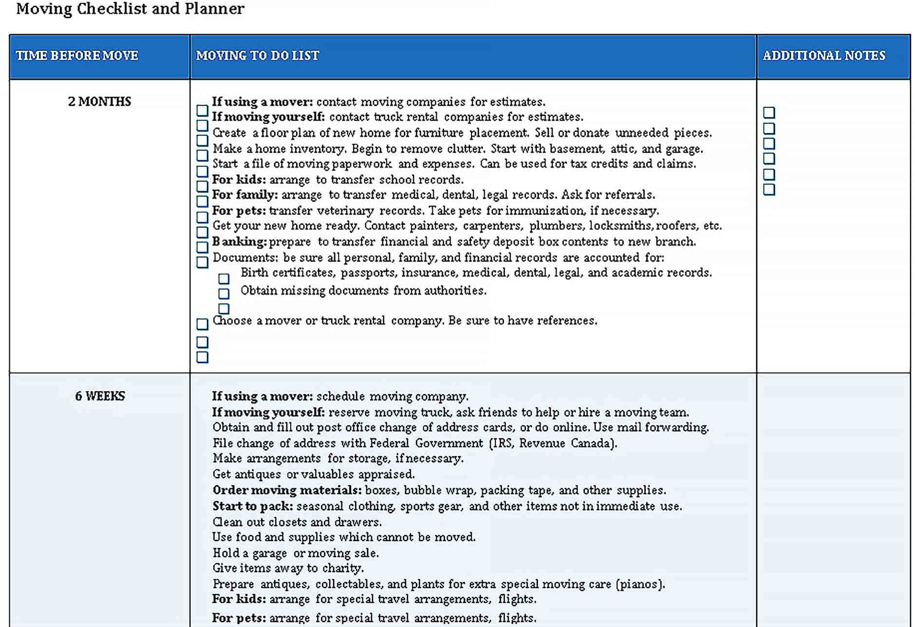 Sample Printable Moving Checklist Planner PDF Format