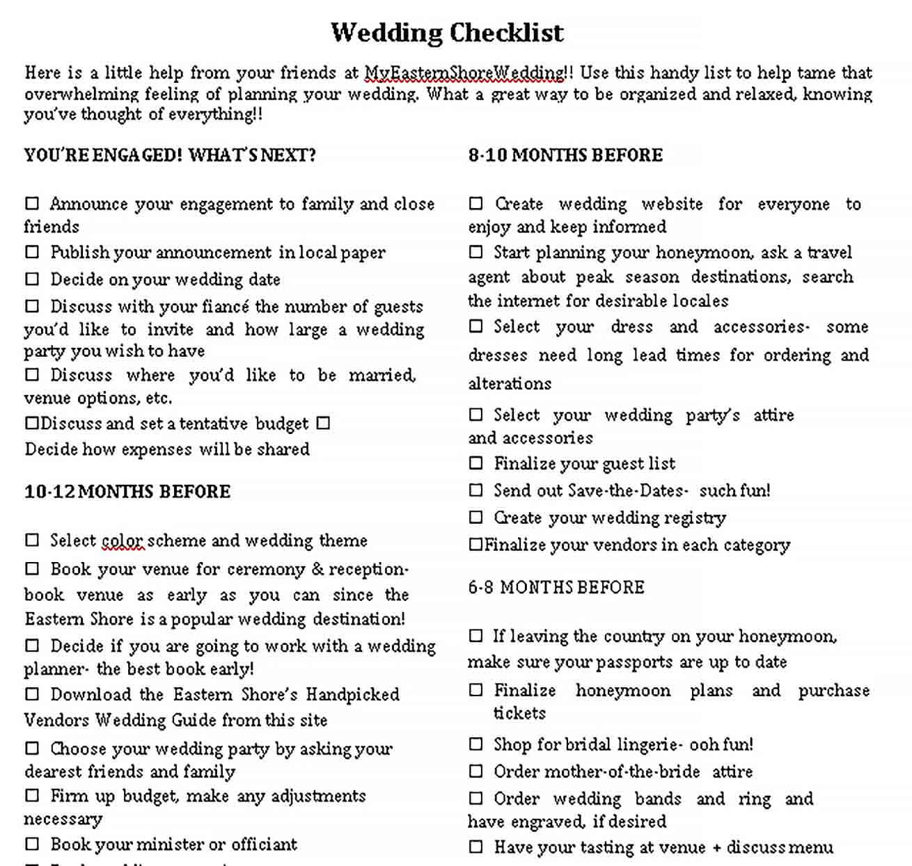 Sample Printable Wedding Checklist 1