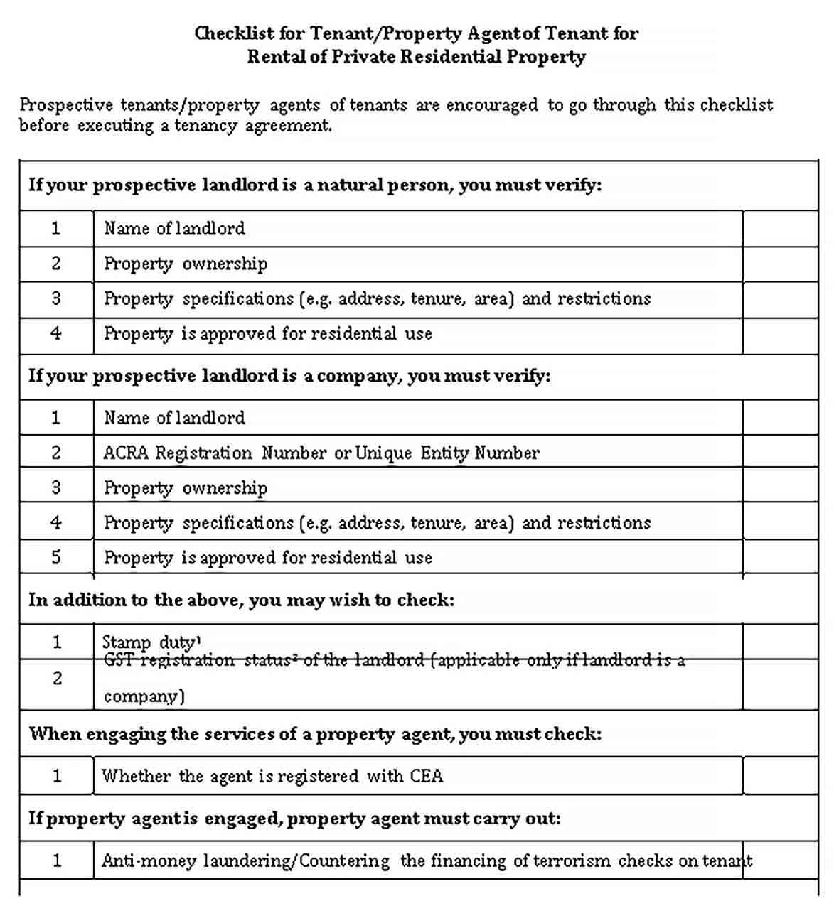 Sample Private Residential Landlord Tenant Checklist Template