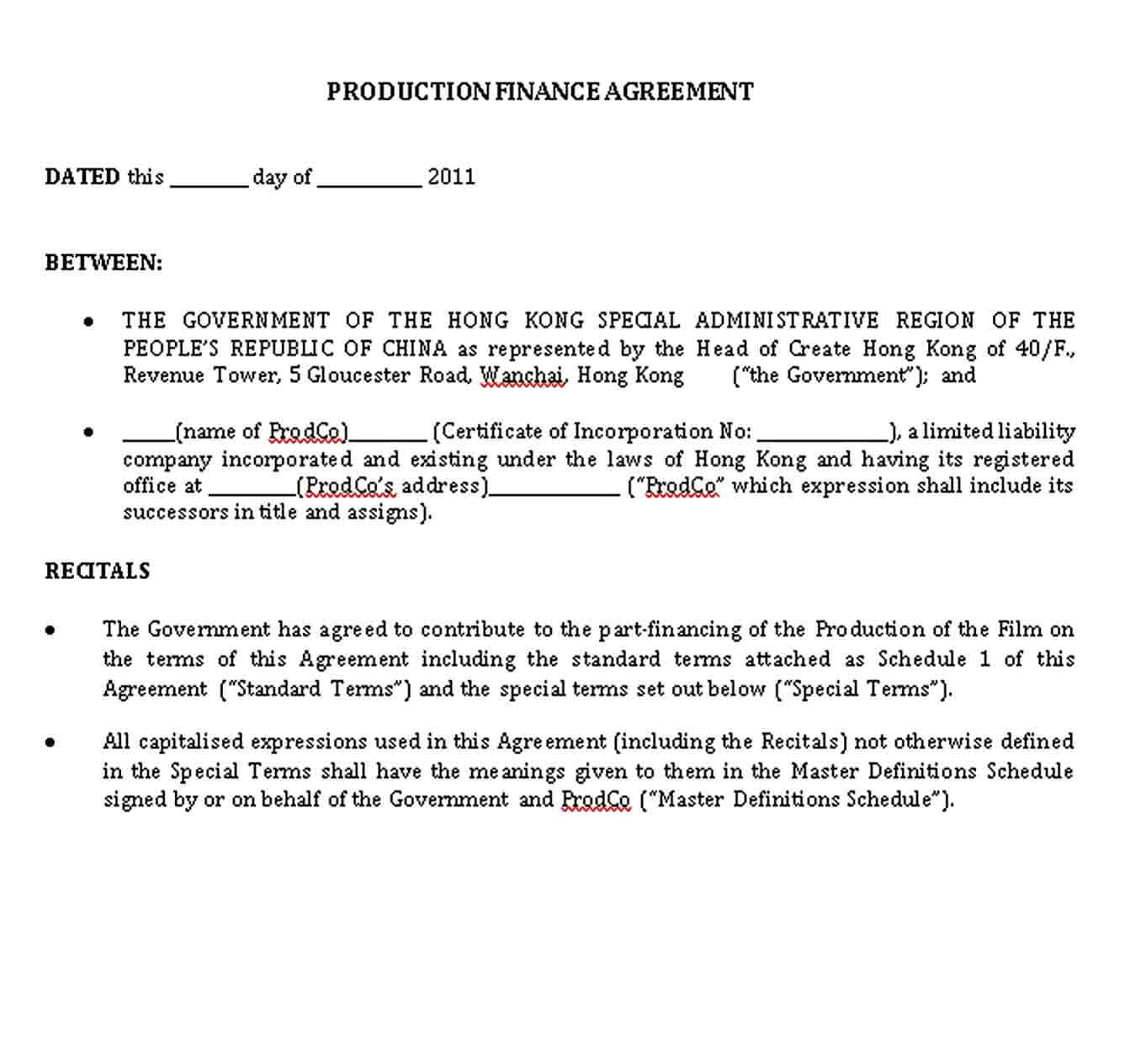 Sample Production Finance Agreement