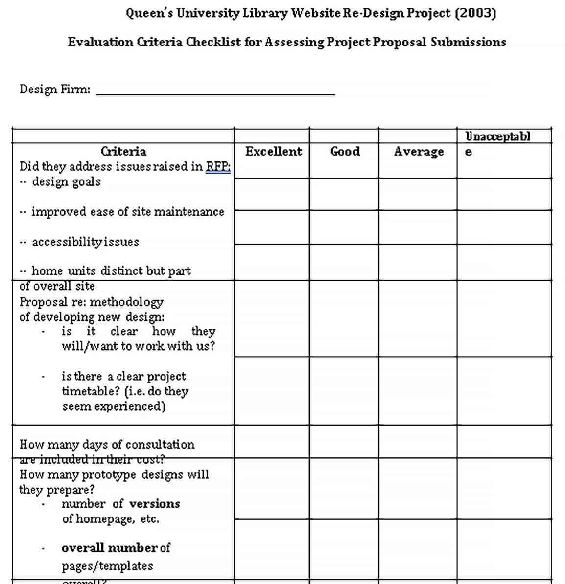 Sample Project Criteria Evaluation Checklist