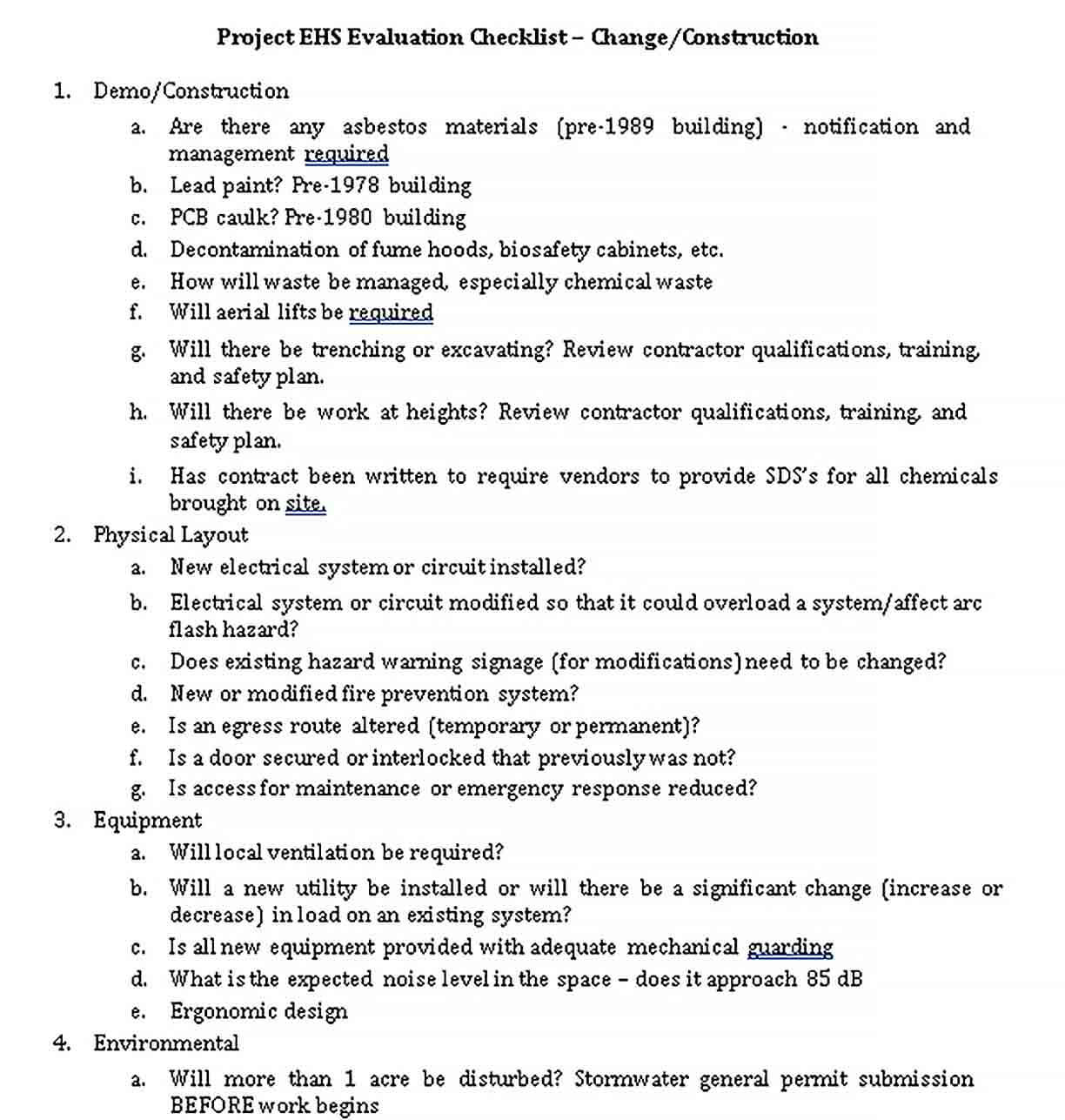 Sample Project Evaluation Checklist for Construction