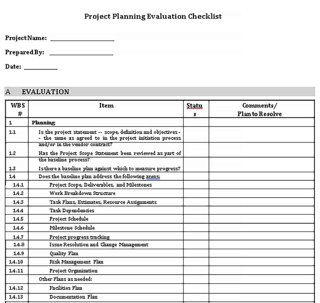 Sample Project Planning Evaluation Checklist