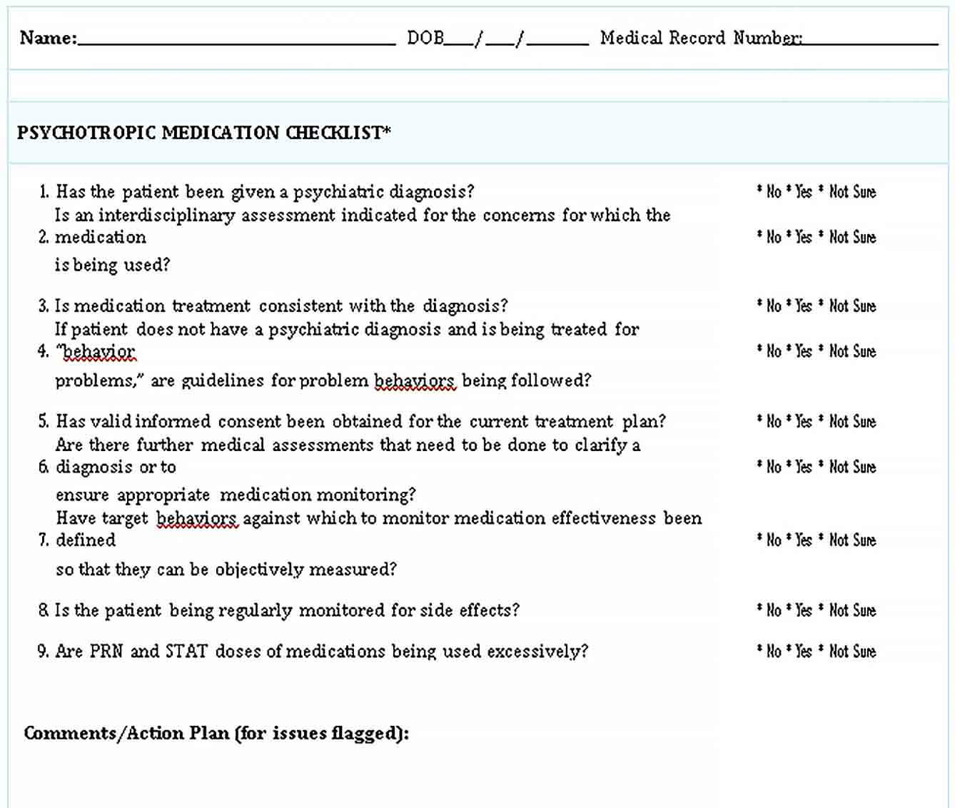 Sample Psychotropic Medication Checklist Template