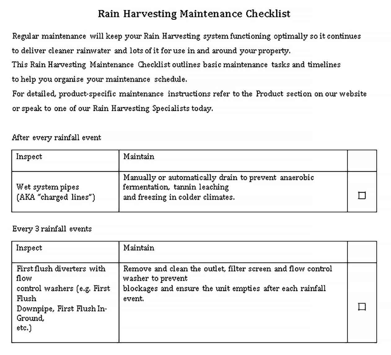 Sample Rain Harvesting Maintenance Checklist Template