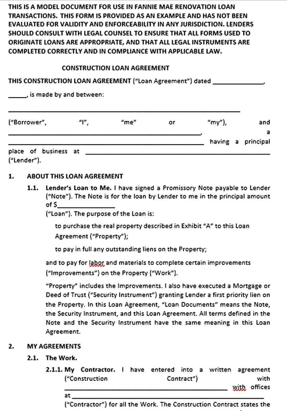 Sample Renovation And Construction Loan Agreement Template