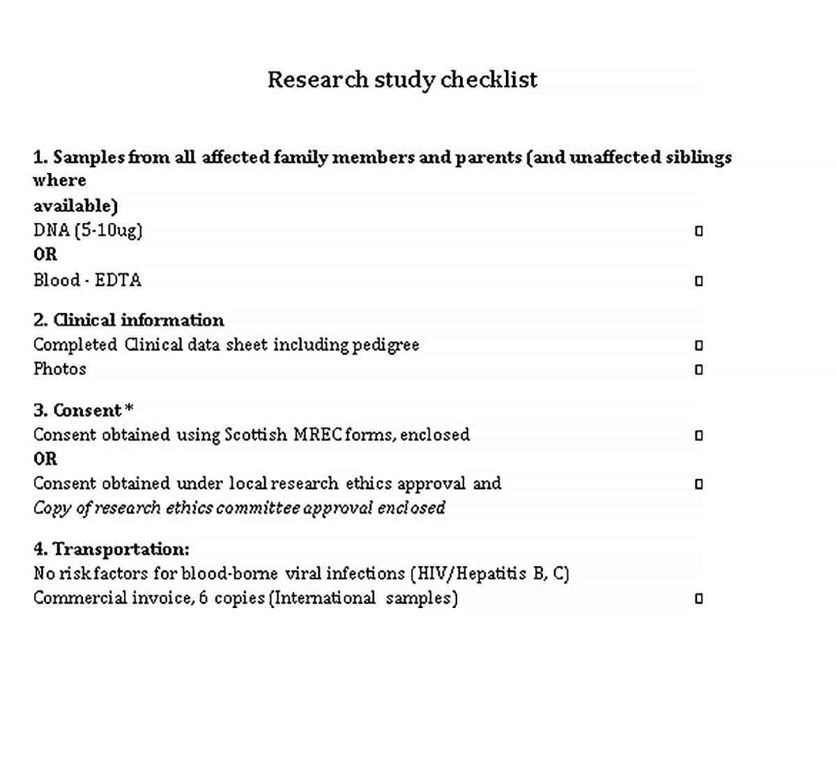 Sample Research Study Checklist Template