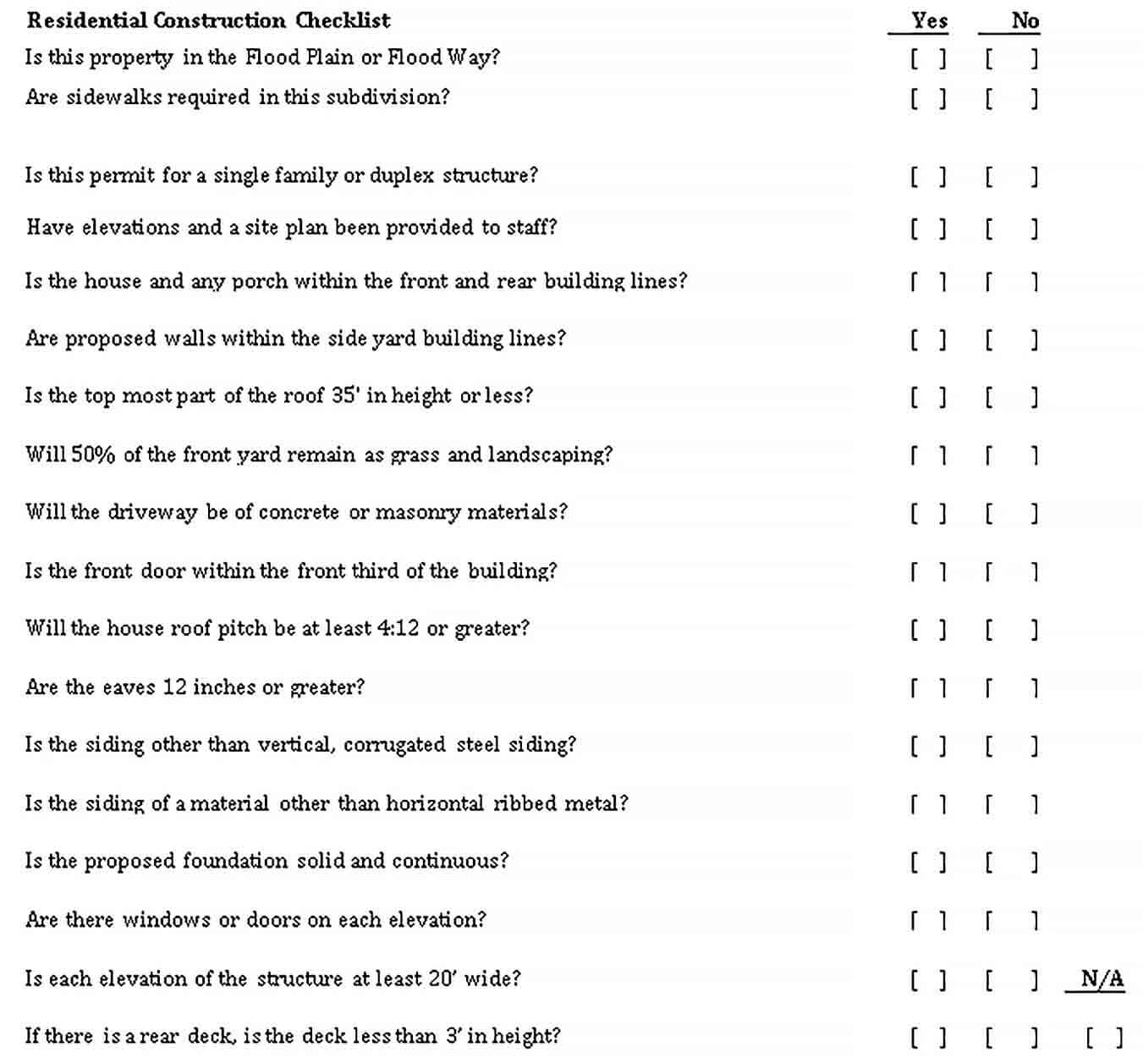 Sample Residential Construction Checklist