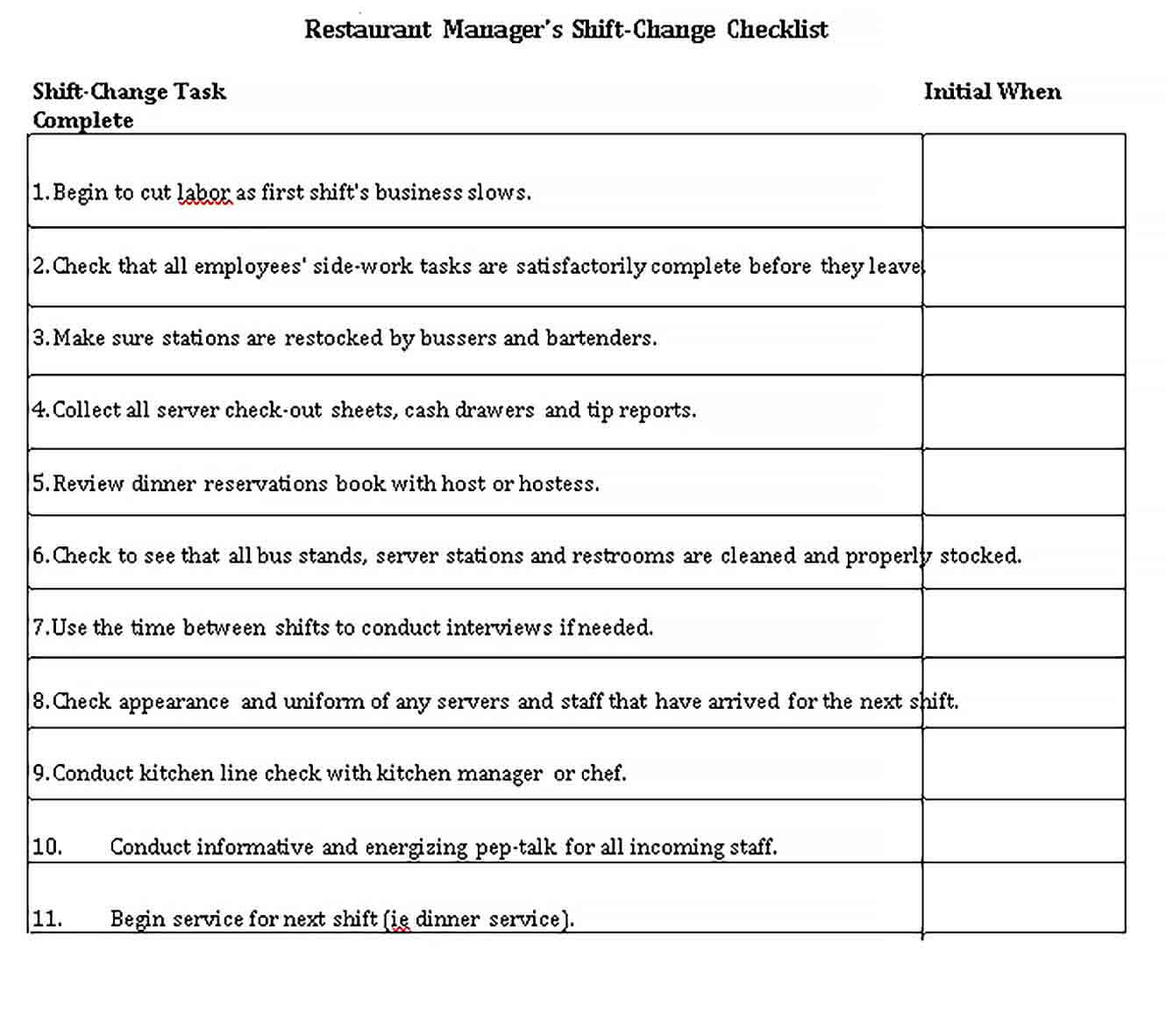 Sample Restaurant Manager Shift Change Checklist