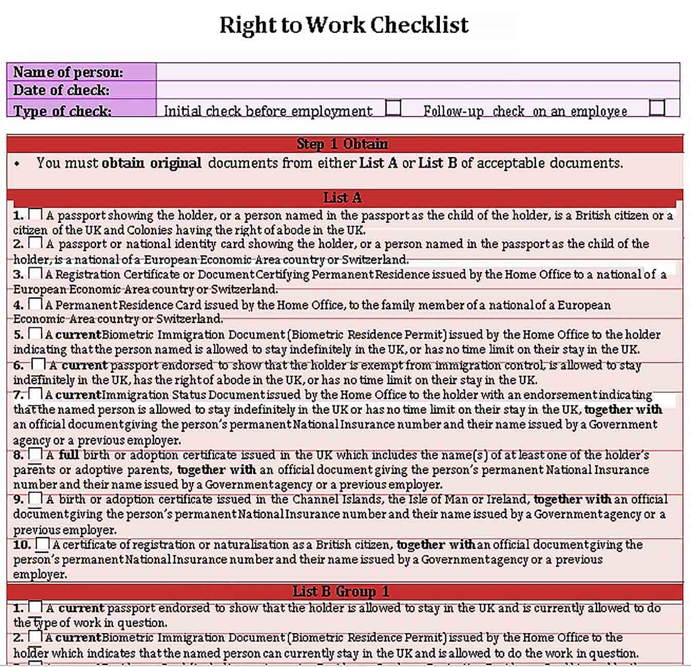 Sample Right to Work Checklist