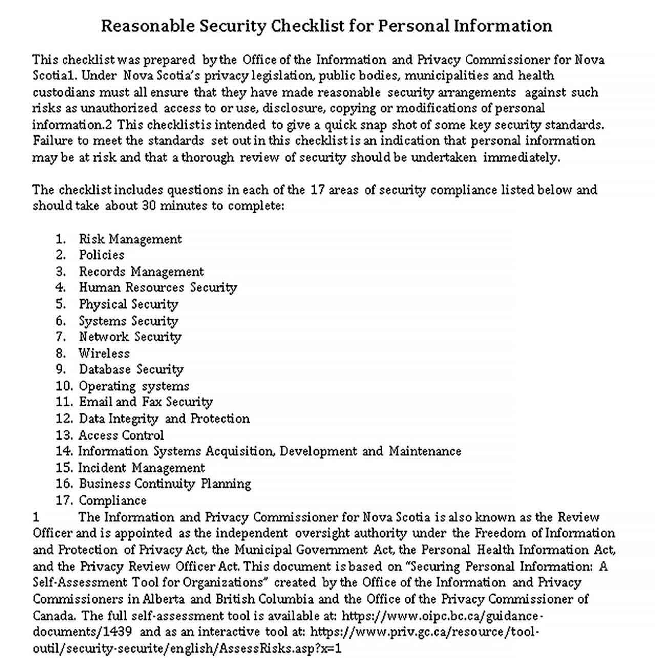 Sample Risk Management Database Security Checklist Simple