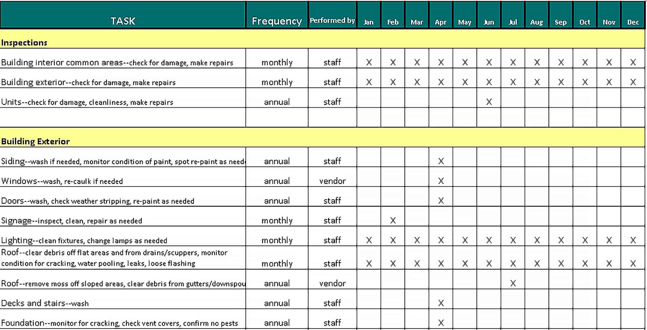 Sample Routine Maintenance Schedule and Checklist Excel Format Template