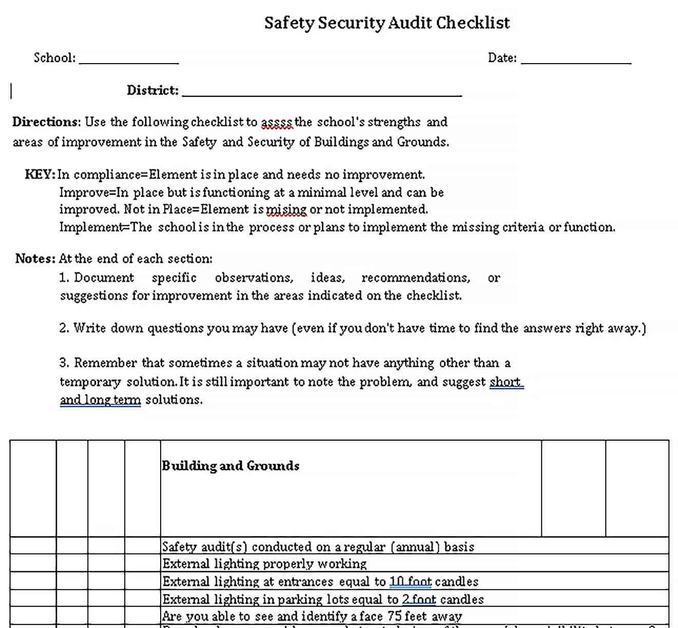Sample Safety Security Audit Checklist Examples