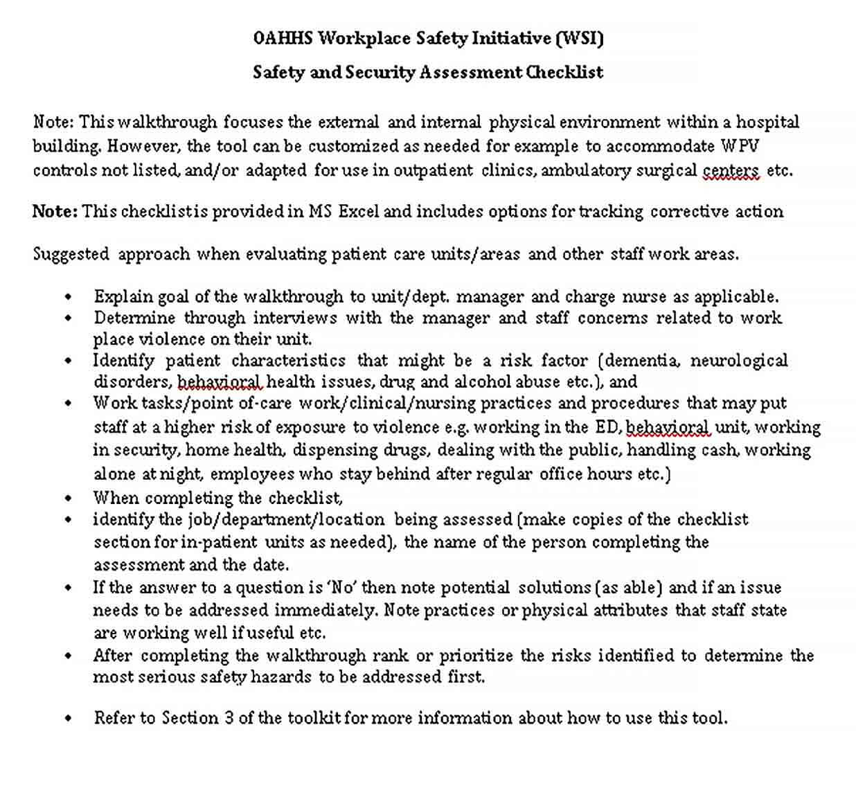 Sample Safety and Security Assessment Checklist